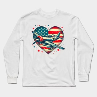 Retro july 4th Fighter Jet Airplane, American Flag Heart, Freedom Long Sleeve T-Shirt